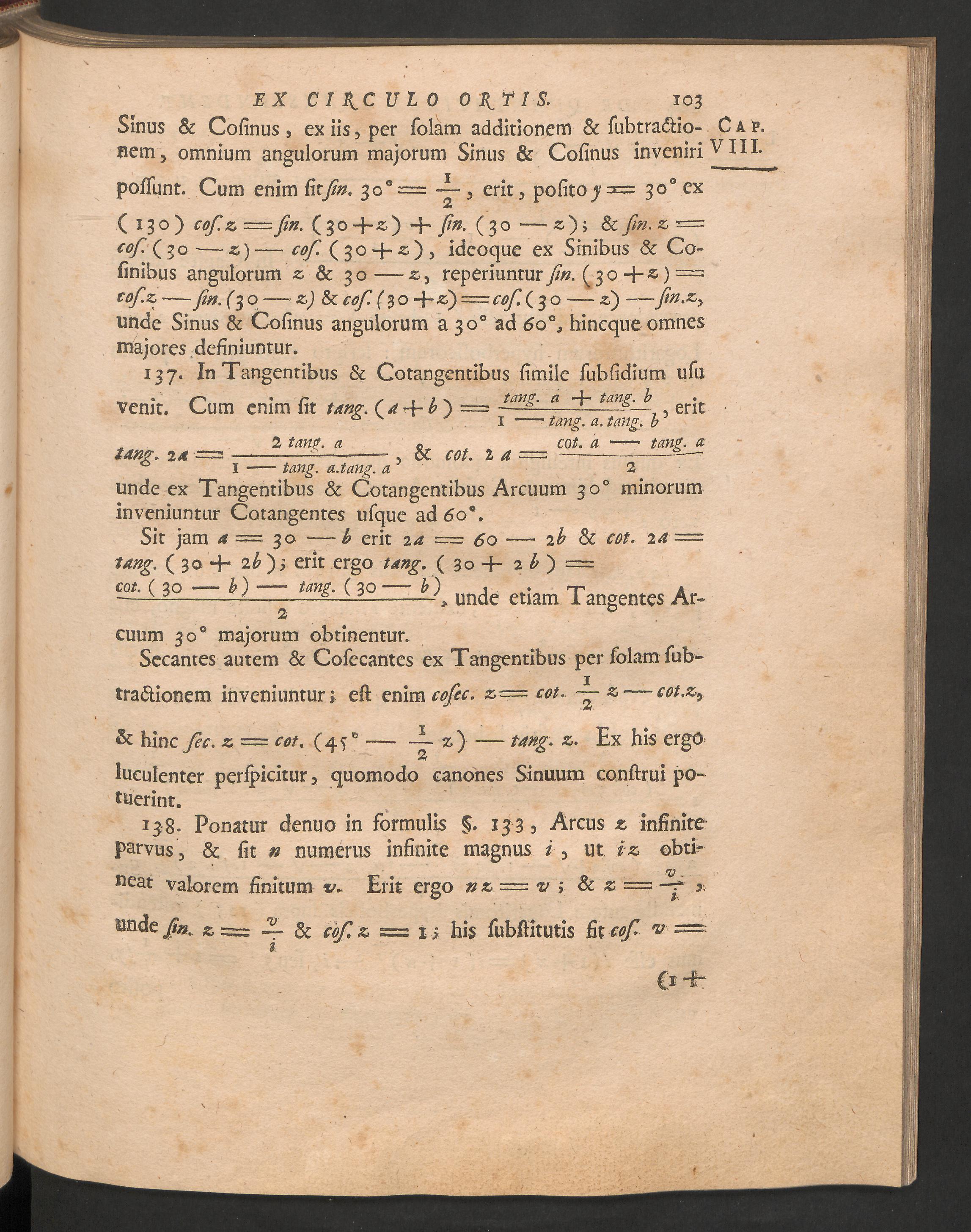 Página impresa 103 de la Introductio de Euler; en la zona inferior comienza el parágrafo 138.