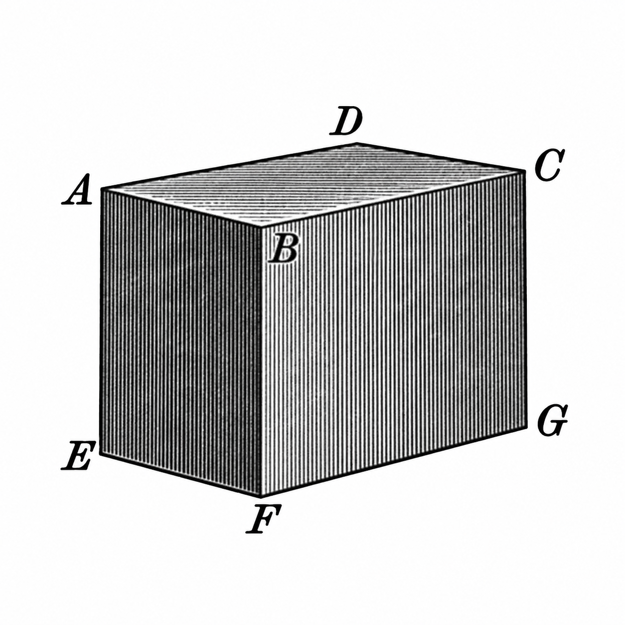 Cuerpo físico representado como un bloque prismático, con vértices rotulados A, B, C, D, E, F y G.