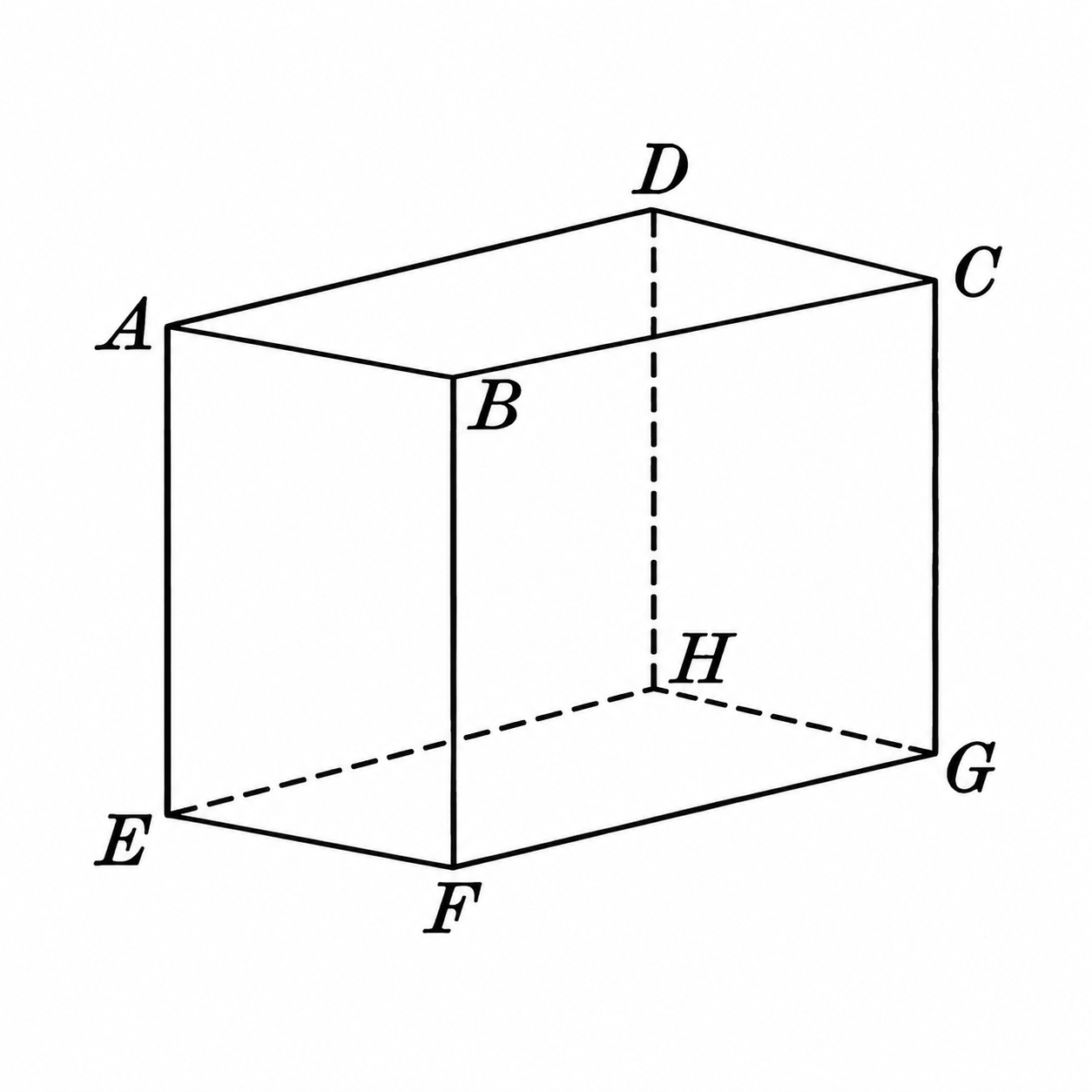 Sólido geométrico representado como un prisma transparente, con vértices A, B, C, D, E, F, G y H.